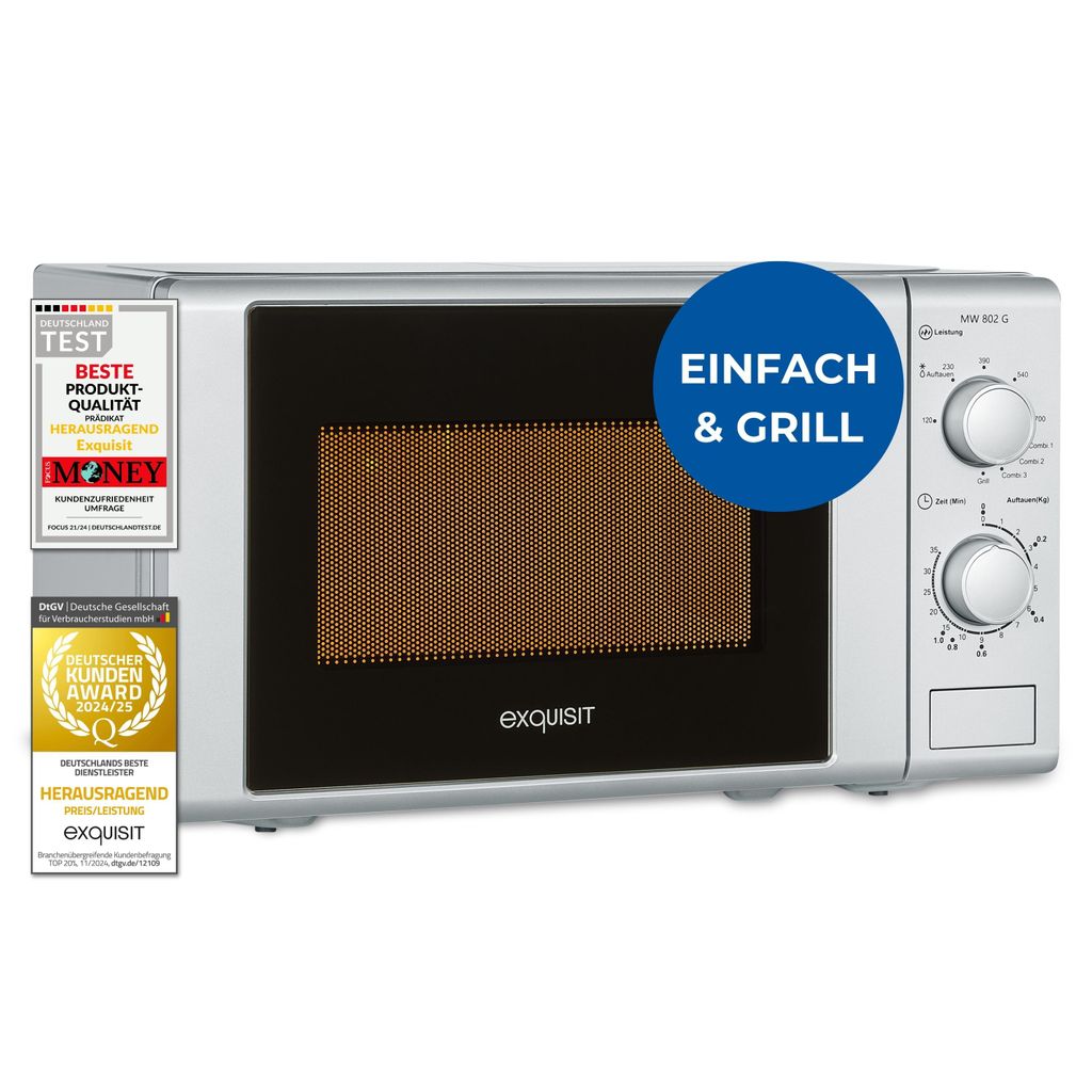 A silver microwave oven is shown against a white background, with several award badges on the left and a blue overlay circle on the right.