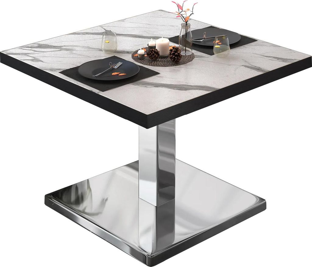 BM | Bistro Loungetisch | B:T:H 80 x 80 x 41 cm | Weiß Marmor / Edelstahl | Bistro Tisch Loungetisch