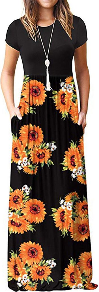 ASKSA Damen Kurzarm Sommer Casual Long Maxi Kleider mit Taschen (Sonnenblume,XL)