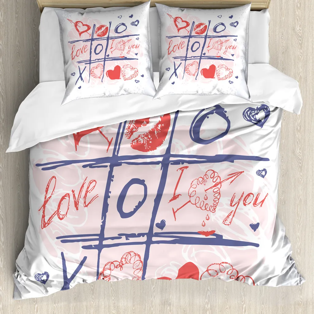 ABAKUHAUS Copripiumino San Valentino, XOXO Gioca con le labbra, Antiacaro Adatto a chi soffre di allergie con federe, 155 cm x 220 cm - 80 x 80 cm, blu, rosso e bianco