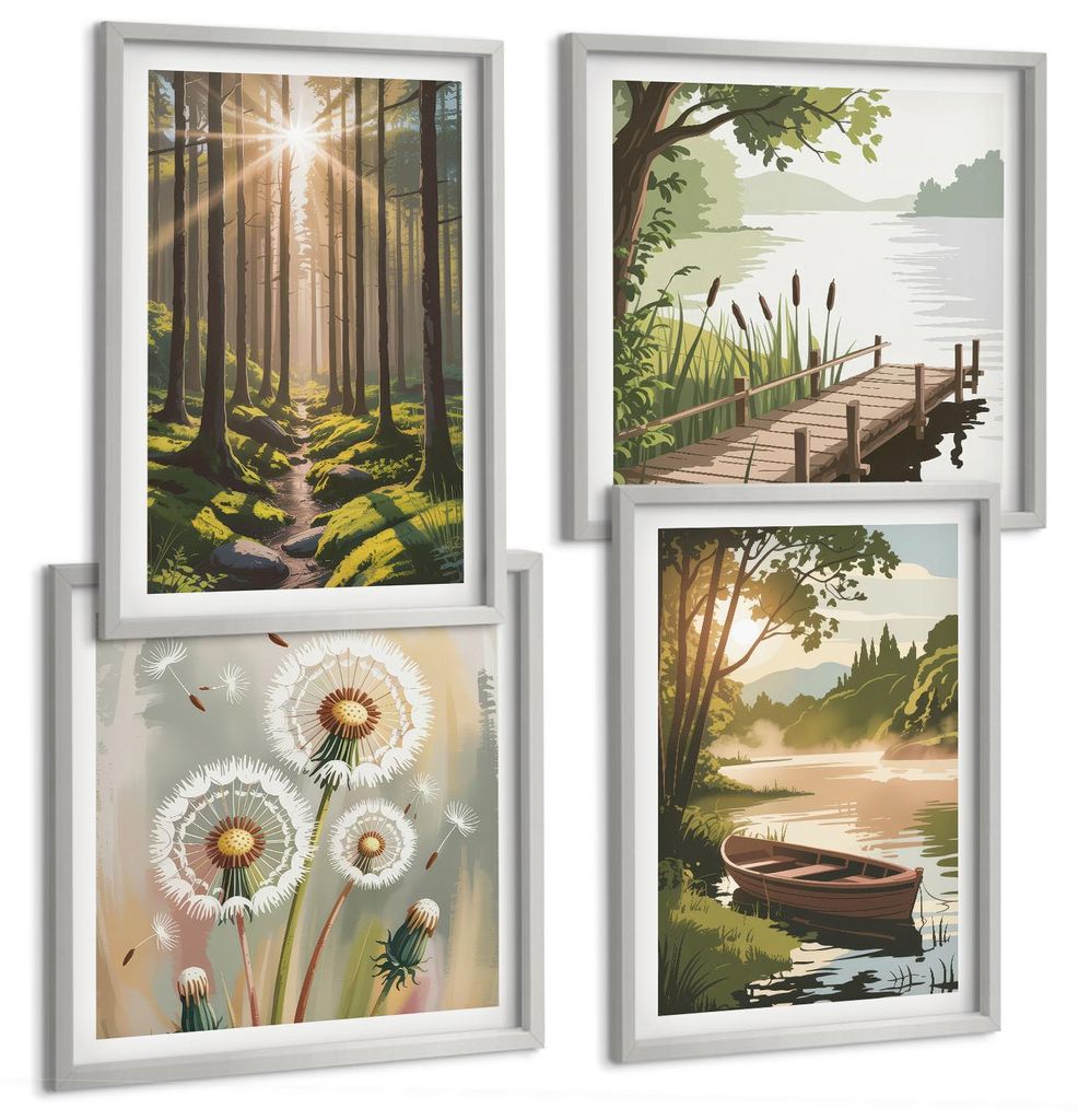 Bilder Set 4-teilig im silbergerahmten Rahmen – Wandbilder 4 Stück – gerahmte Poster für Wohnzimmer, Schlafzimmer und Flur – 50x50 cm - 40x...
