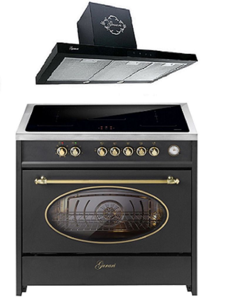 GURARI Induktions-Standherd E 913 RU BL+GCH 462 BL 9 Prime, Retro Range Cooker 90 cm/ 121L+Dunstabzugshaube 90cm