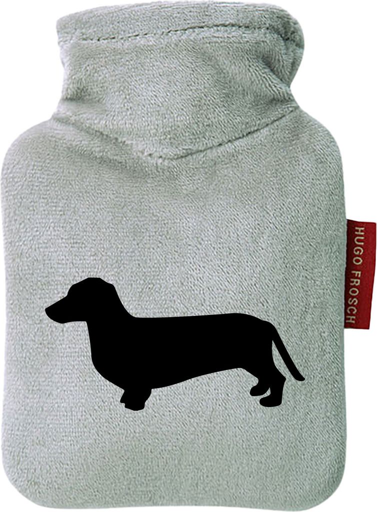 Huuraa Mini-Wärmflasche Dackel Silhouette 0,2 Liter Grey Mini Veloursbezug Taschenwärmer Geschenkidee