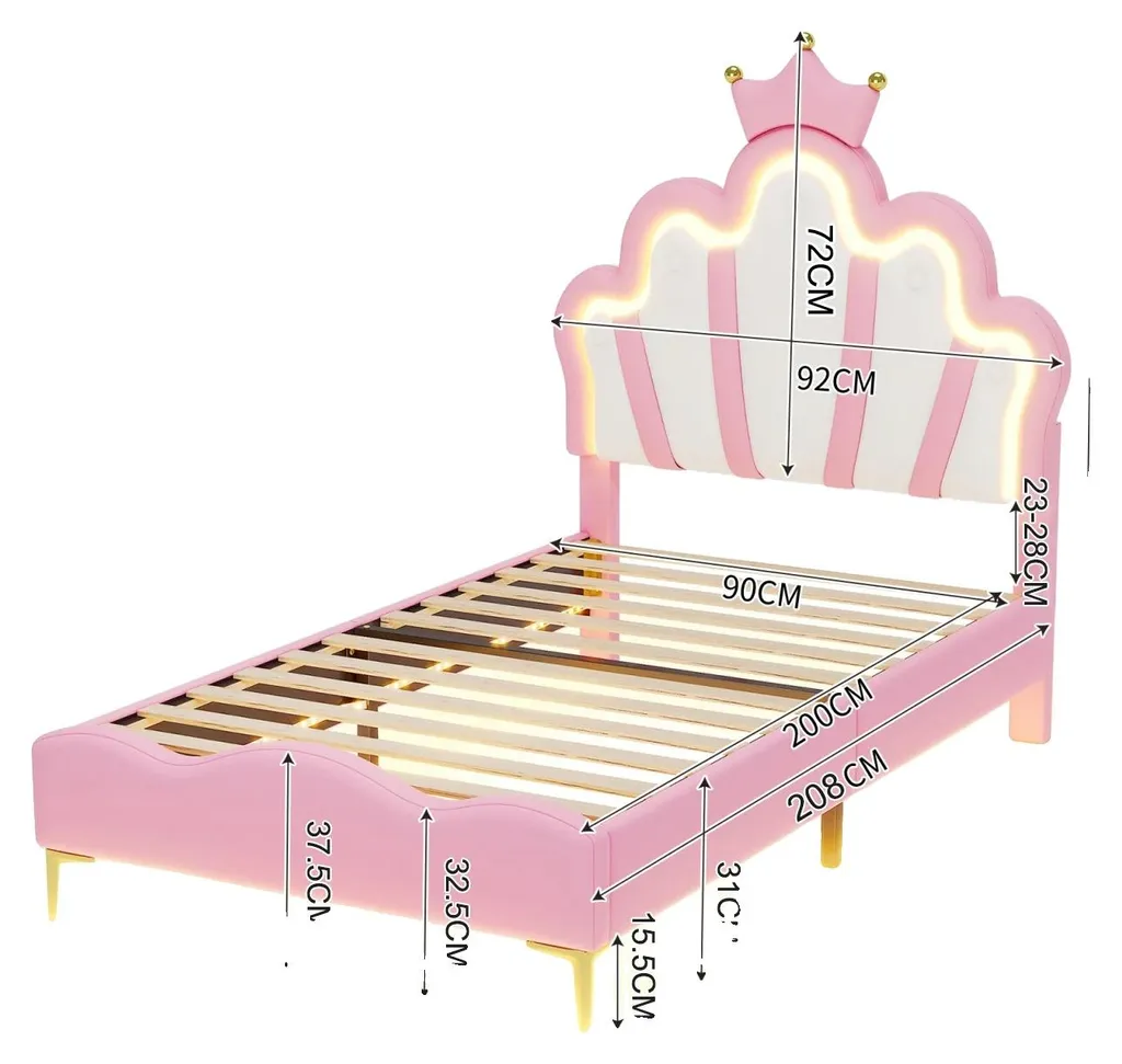 Lit enfant 90x200 rose avec LED : fini la peur du noir avec style !
