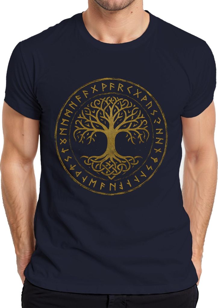 Yggdrasil Baum des Lebens keltisch nordisch Runen Mystik Wikinger Herren T-Shirt, Navy, L