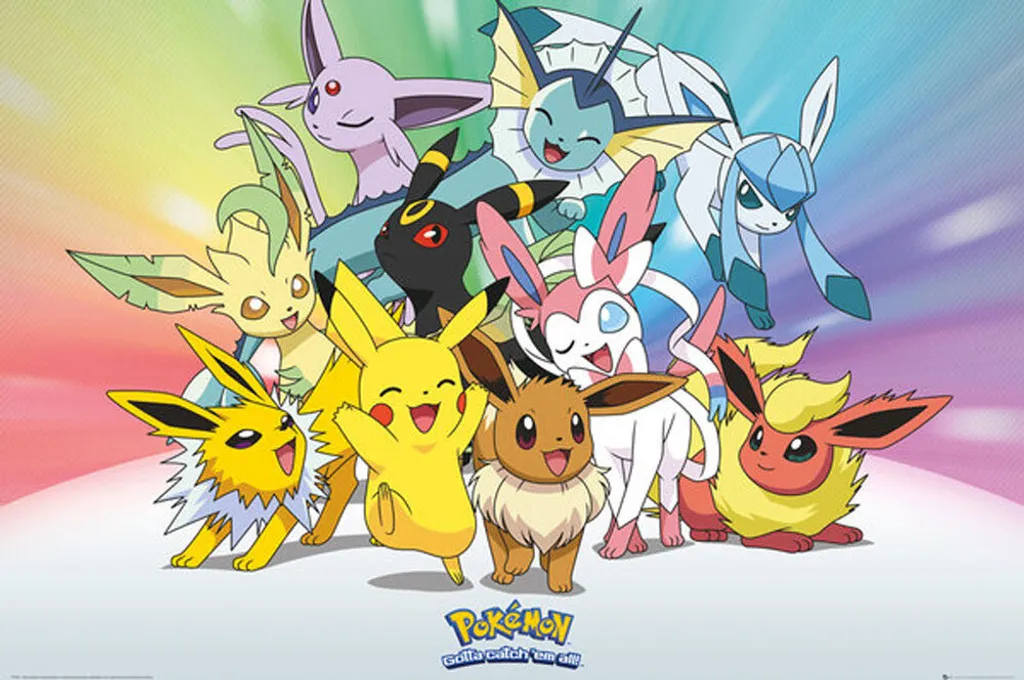 Poster Pokémon Eevee 91,5x61 cm con Listelli in Legno Naturale 92 cm