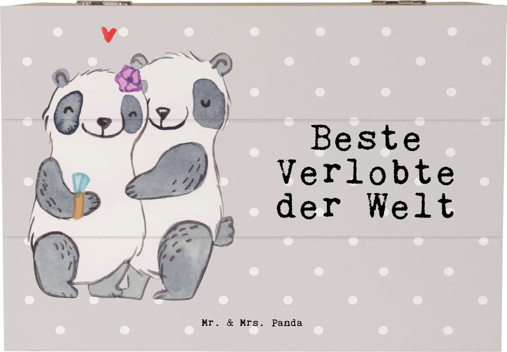 Mr. & Mrs. Panda Holzbox Panda Beste Verlobte der Welt 22 x 15 cm - Grau Pastell - Geschenk, Ehe, Holztruhe, fotobox, Holzkiste mit Deckel, Verlobu...