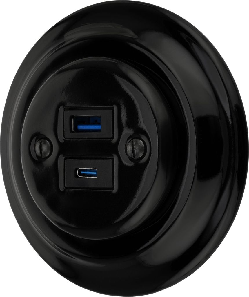 Unterputz Porzellan Retro USB-A I USB-C Steckdose 2-fach I PR1 schwarz