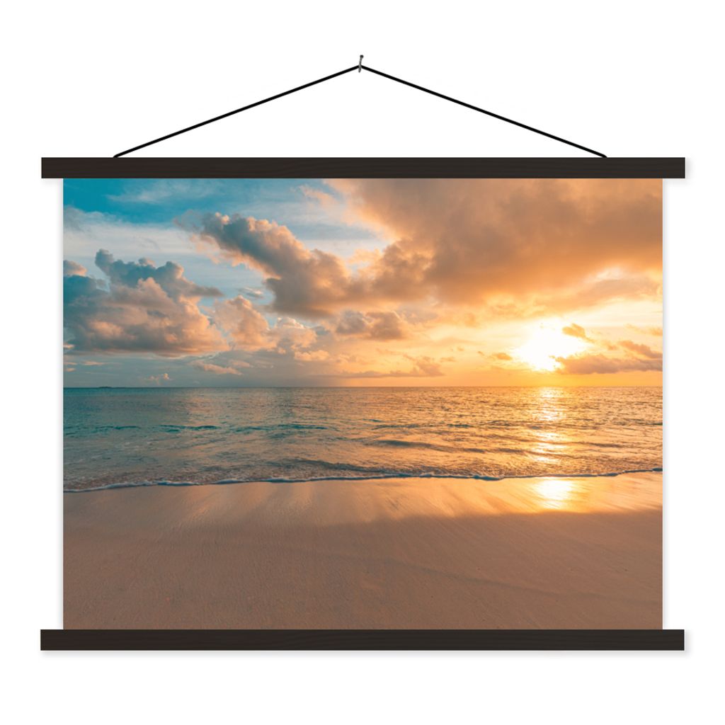 MuchoWow Textilposter Strand - Sommer - Sonnenuntergang - Wolken - Meer 150x113 cm mit schwarzem Rahmen - Wohnzimmer