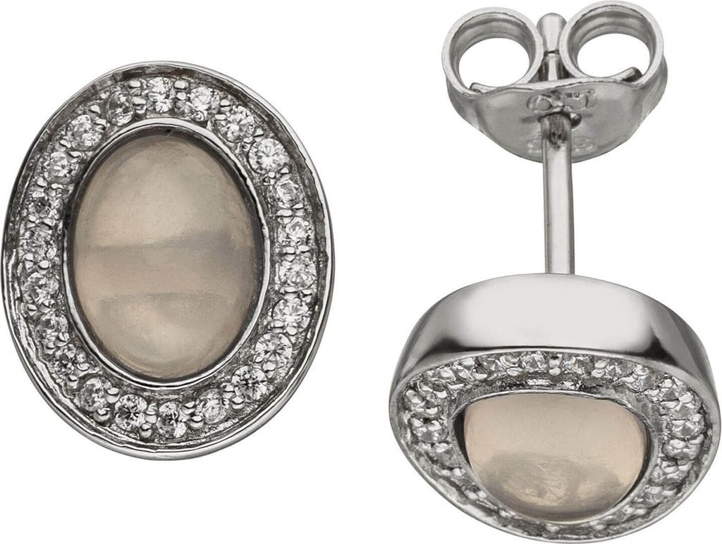 Ovale Ohrstecker Rosenquarz & 44 Zirkonia rundum 925 Silber Ohrringe Ohrschmuck