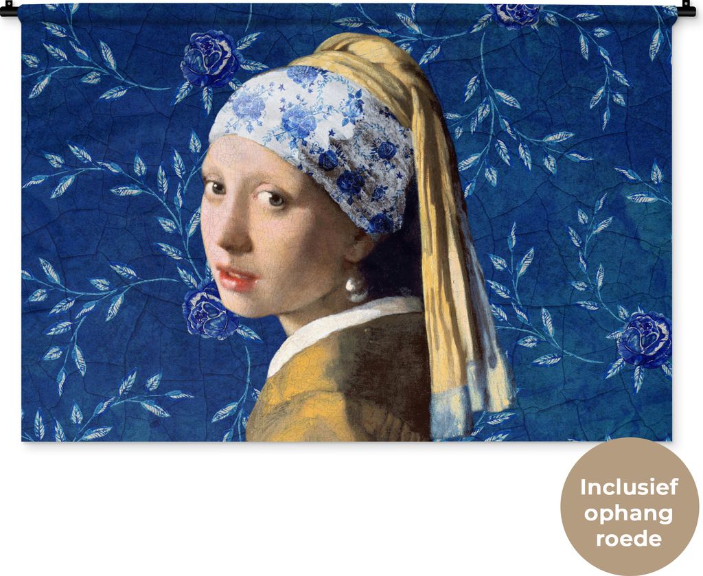MuchoWow Wandteppich Wandbehang Mädchen mit Perlenohrring - Delfter Blau - Vermeer - Blumen - Gemälde - Alte Meister 150x100 cm Tapisserie Deko...