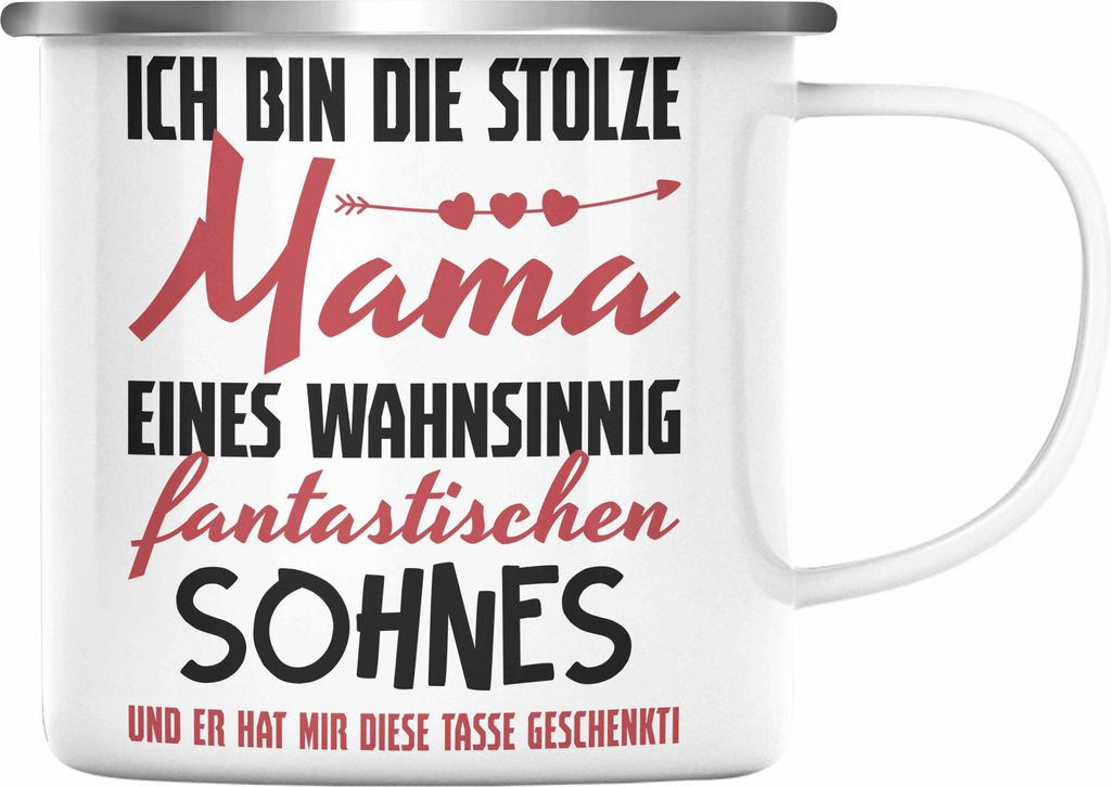 Trendation - Mama Geschenk von Sohn Emaille Tasse Geschenkidee Muttertag Emaille Emaille Tasse Spruch (Silber)