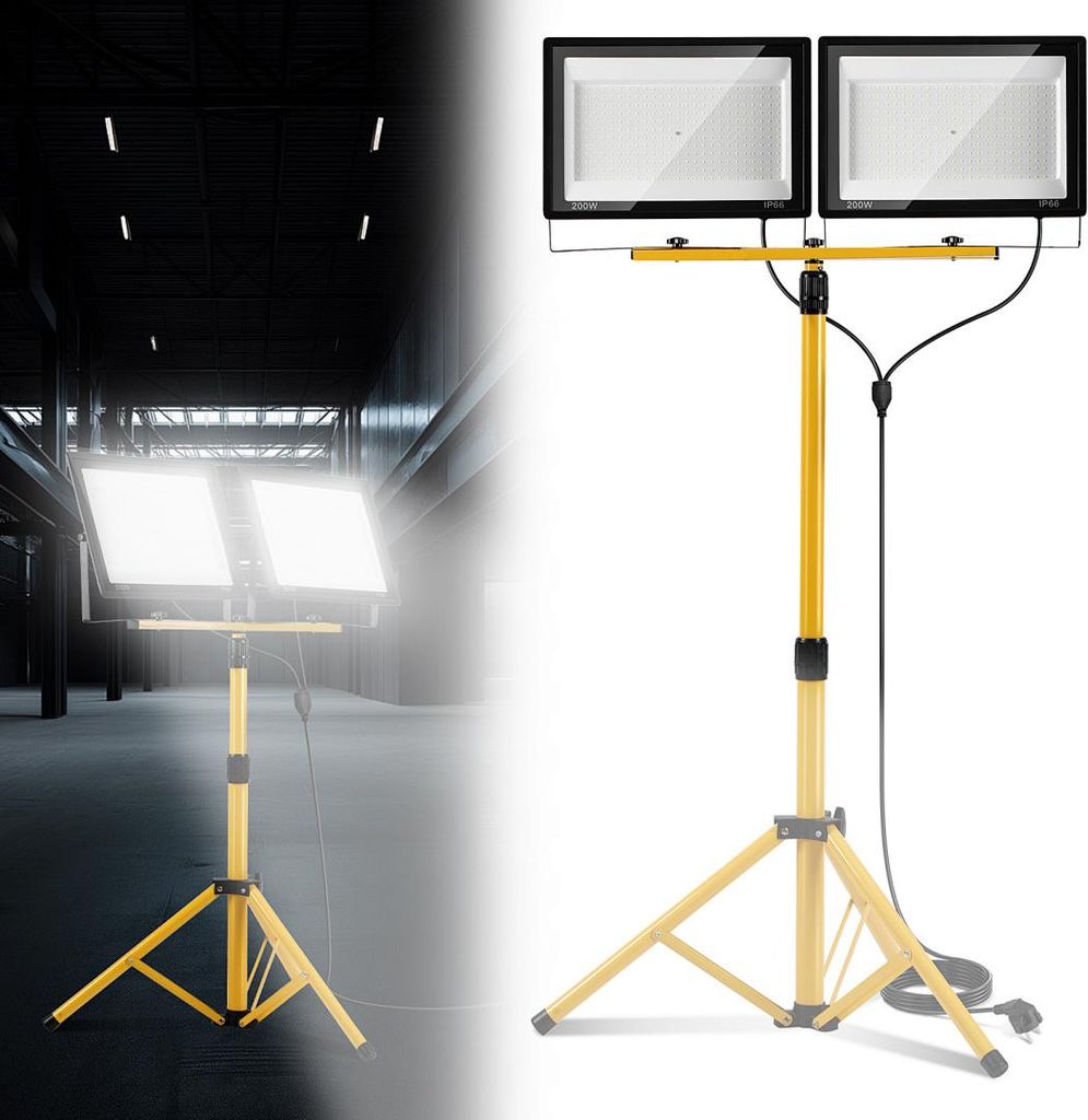 Faziango LED Baustrahler, 2x200W Strahler 6500K Kaltweiß, Strahler Fluter mit Stativ und 3m Kabel Stecker Arbeitsleuchte für Garage Baustelle