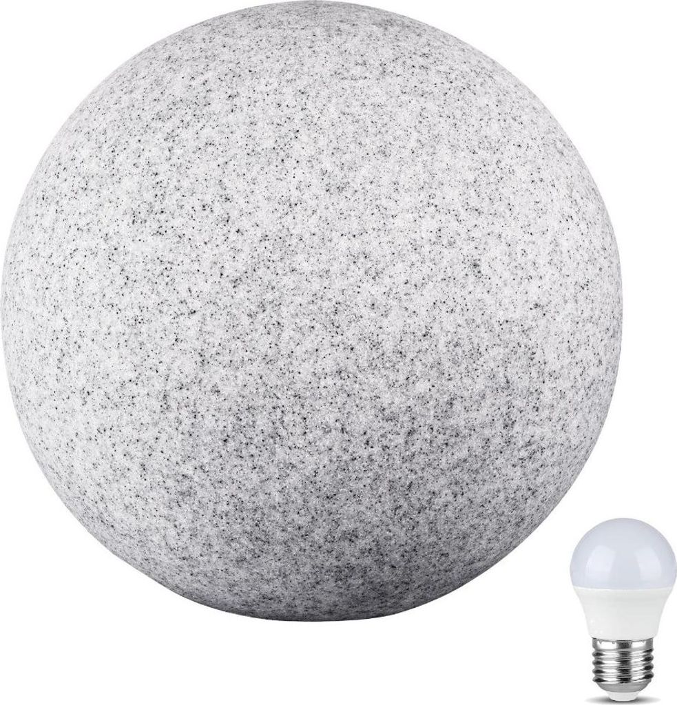 A large, gray, speckled sphere resembling a stone sits next to a small, white LED light bulb against a white background.