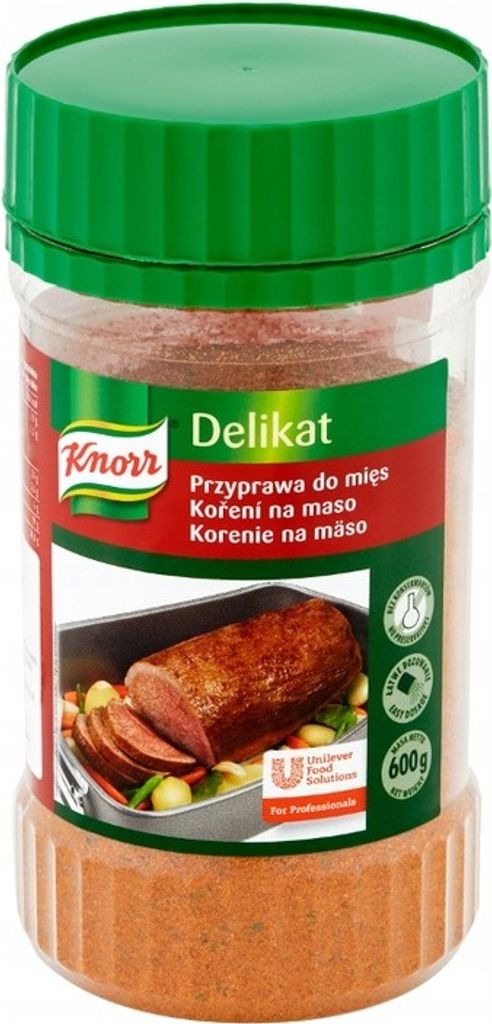 A plastic container of Knorr Delikat seasoning for meat, with an image of roasted meat and vegetables on the label.