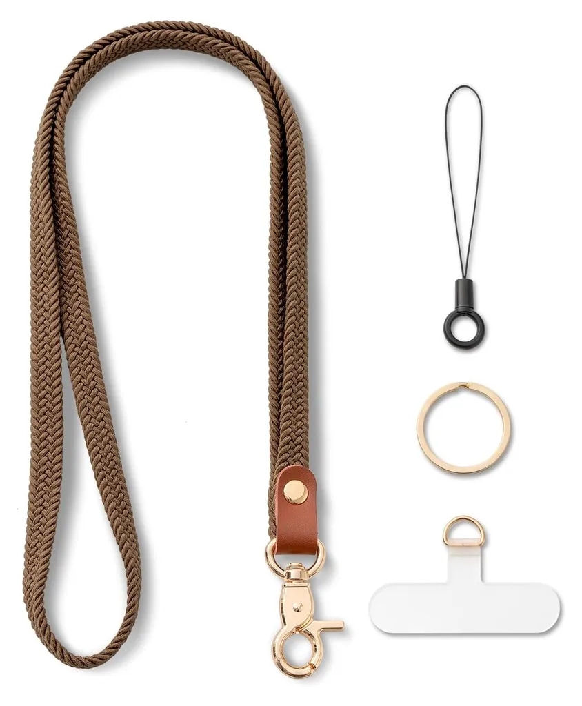 Cordon porte-clés élastique tour de cou et son anneau marron design