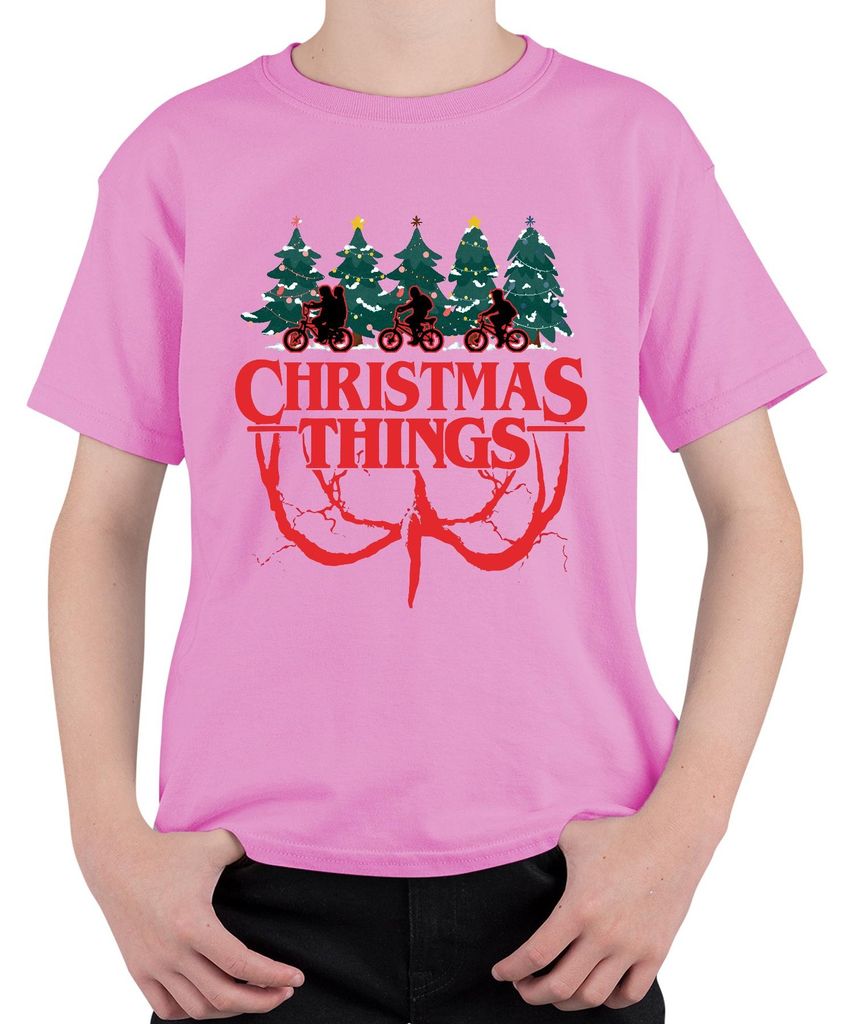 CHRISTMAS THINGS Stranger Weihnachten Demogorgon Kinder Retro Uni Kinder T-Shirt, Pink, 140