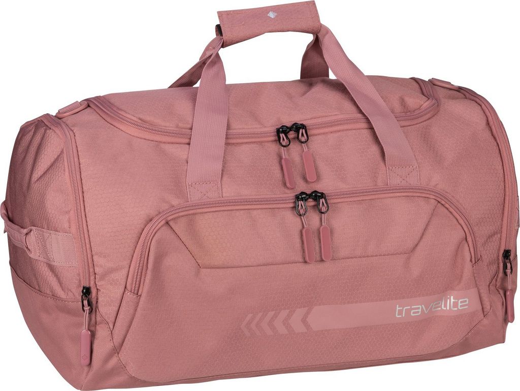 A pink duffel bag is shown against a white background.