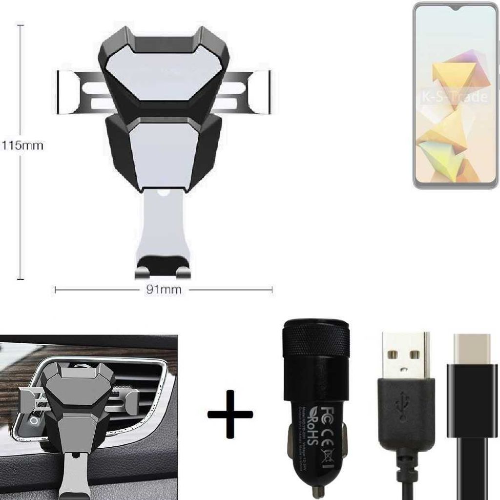 K-S-Trade Lüftungsschlitz Halterung kompatibel mit ZTE Blade A73 5G Lüftungshalterung Lüftungsgitter schwarz-silber Auto-Halterung Smartphone