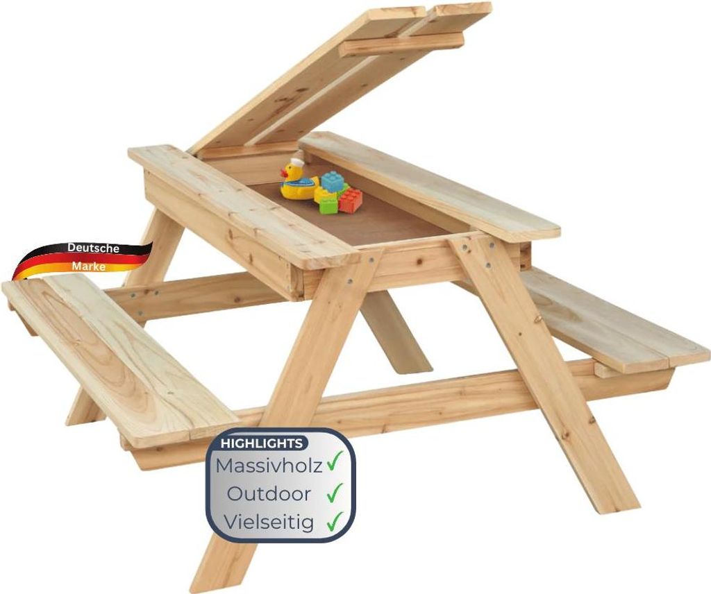 Kinder Picknicktisch KLEIS - 100cm, Massives Tannenholz, Extra Stauraum | Kindersitzgruppe Picknickbank Sitzgruppe Aussen Bank Sitzbank Gartenbank