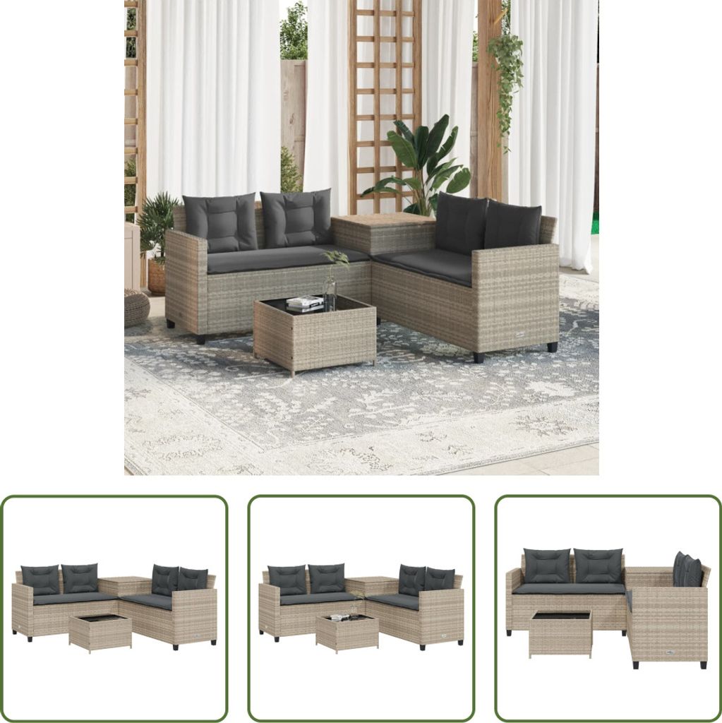 The Living Store Gartensofa in L-Form mit Tisch und Kissen Hellgrau Poly Rattan