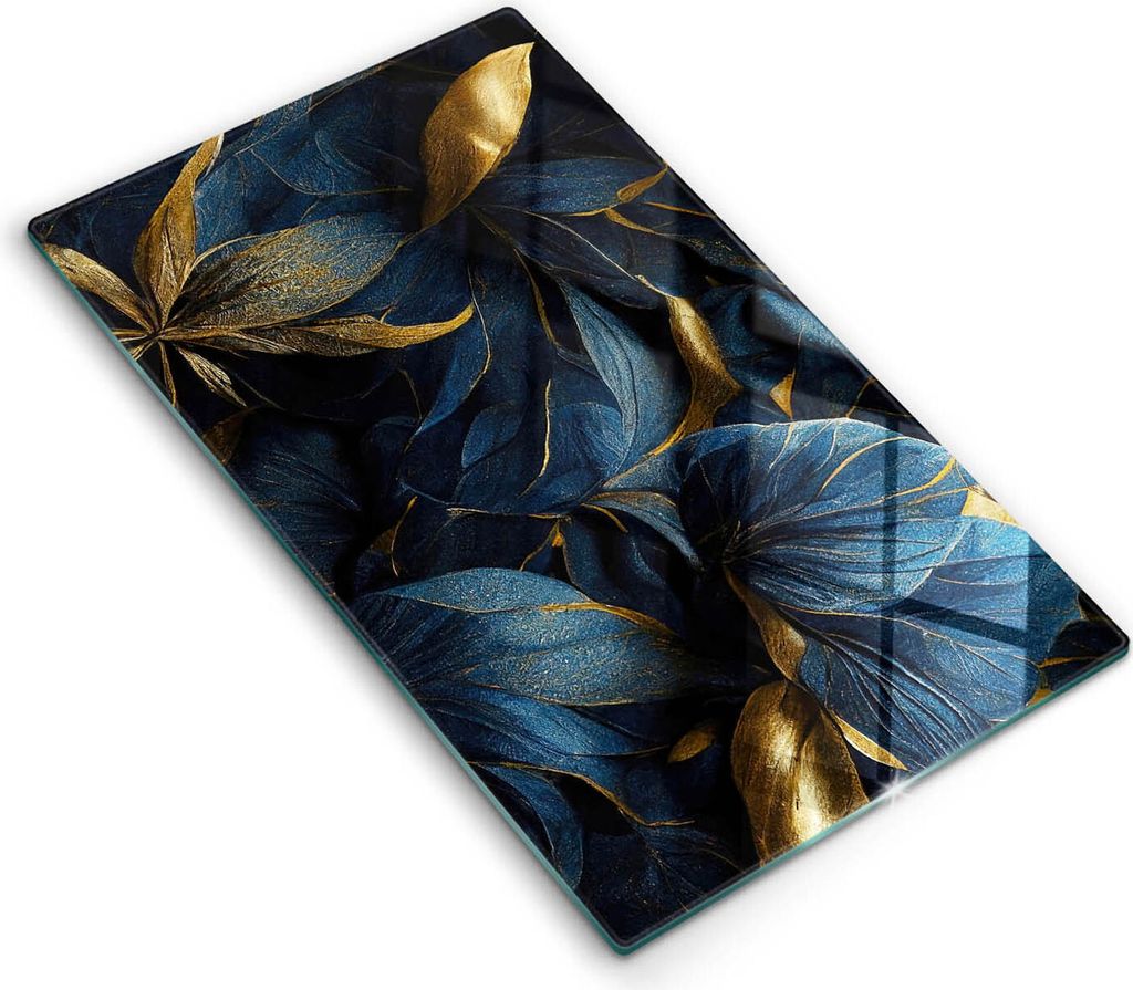 Glasschneideplatte - Herdabdeckplatte - 30x52 cm - Schneidebrett - Spritzschutz - Dekorative Blätter mit Gold