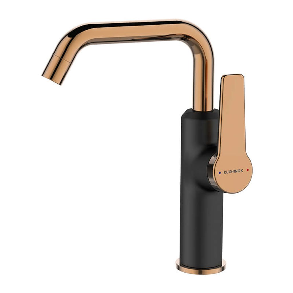 A black and rose gold faucet on a white background.