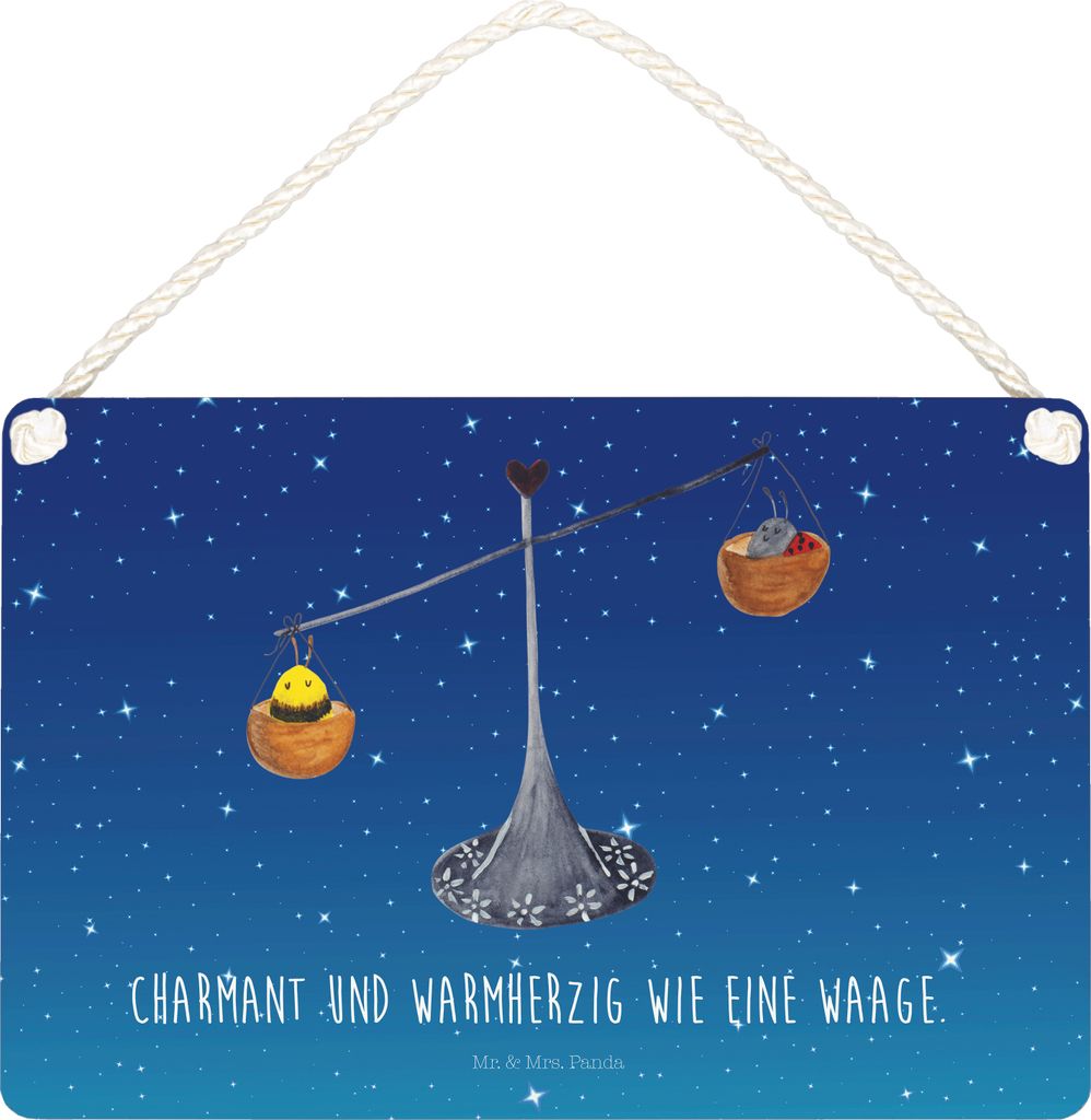 Mr. & Mrs. Panda Wandbild Holz Sternzeichen Waage DIN A6 - Sternenhimmel Blau - Geschenk, wandtafel, Schild, Hummel, Gleichgewicht, Marienkäfer, D...