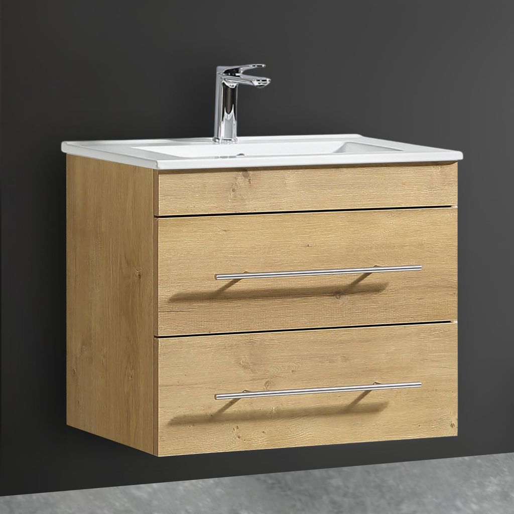 Alpenberger Waschbeckenunterschrank | Badmöbel Set 60 cm | Hängeschrank mit 2 Schubladen | Waschtisch | Keramik Waschbecken | Vormontierter Badsc...
