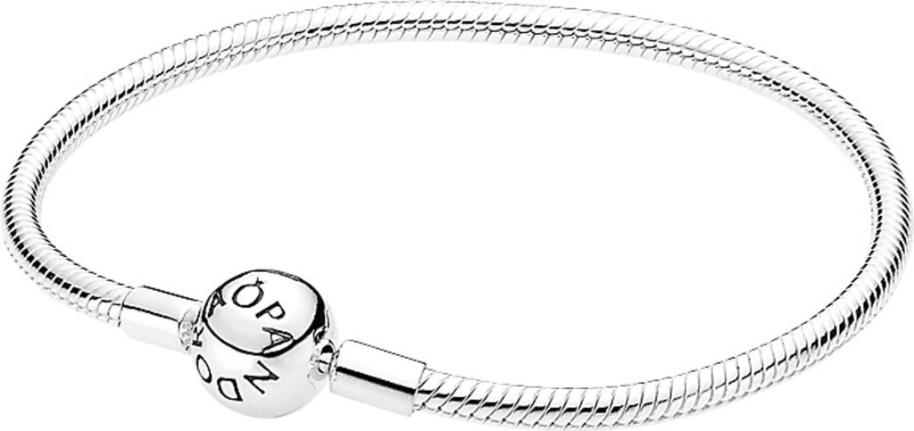 A silver Pandora bracelet with a clasp.