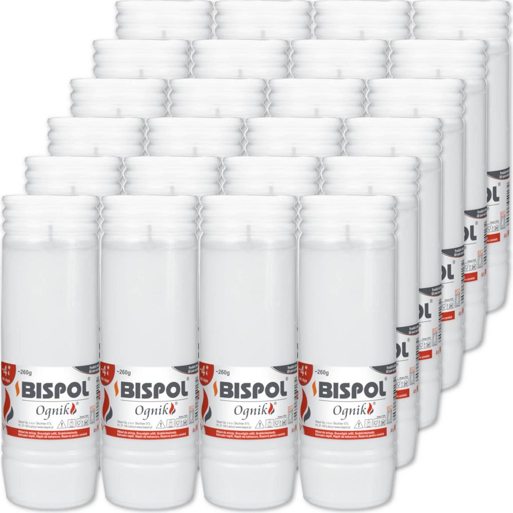 A grid of white candles in clear plastic containers, arranged in rows and columns.