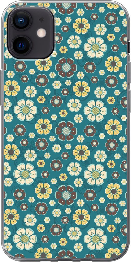 MuchoWow Handyhülle Schutzhülle Hülle für Telefoonhoesje iPhone 12 mini Retro - Blumen - Muster - Blau Silikon Softcase Handy Hülle - Bild