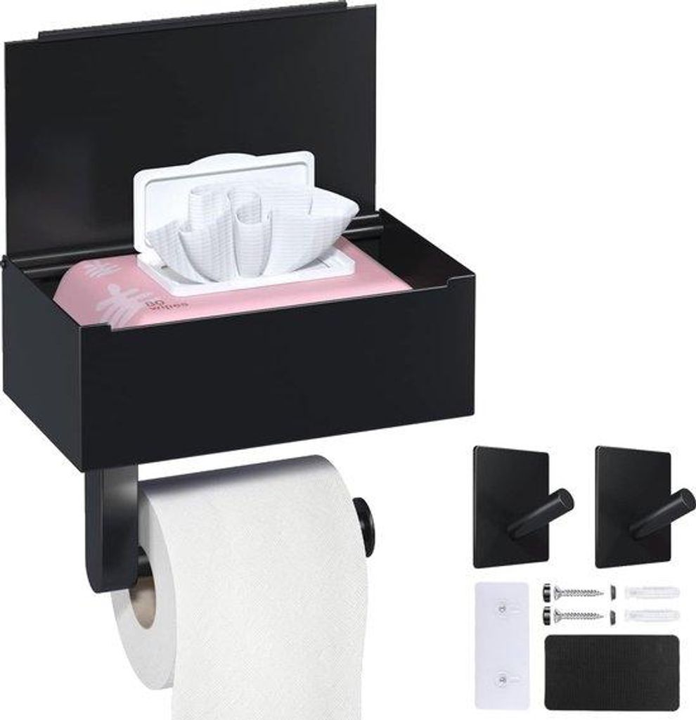 Toilet Paper Holder mit Ablage für Badezimmer, Selbstklebend oder Bohren (Matt Schwarz)