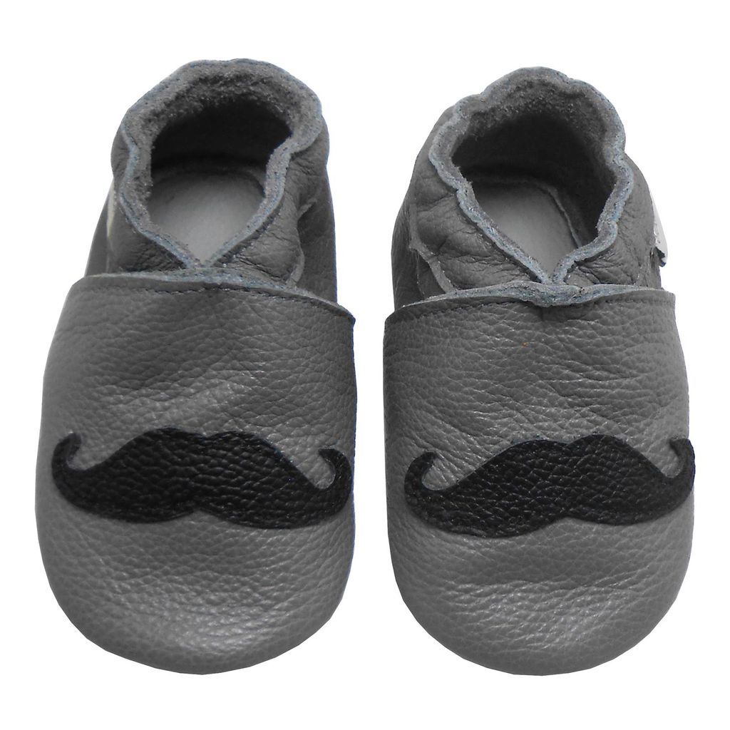 BEMUSE Baby Krabbelschuhe aus Echtleder,weiche Lauflernschuhe für Mädchen&Jungen, rutschfeste Ledersohle,Dunkelgrau,Schnurrbart,Größe M (6–...