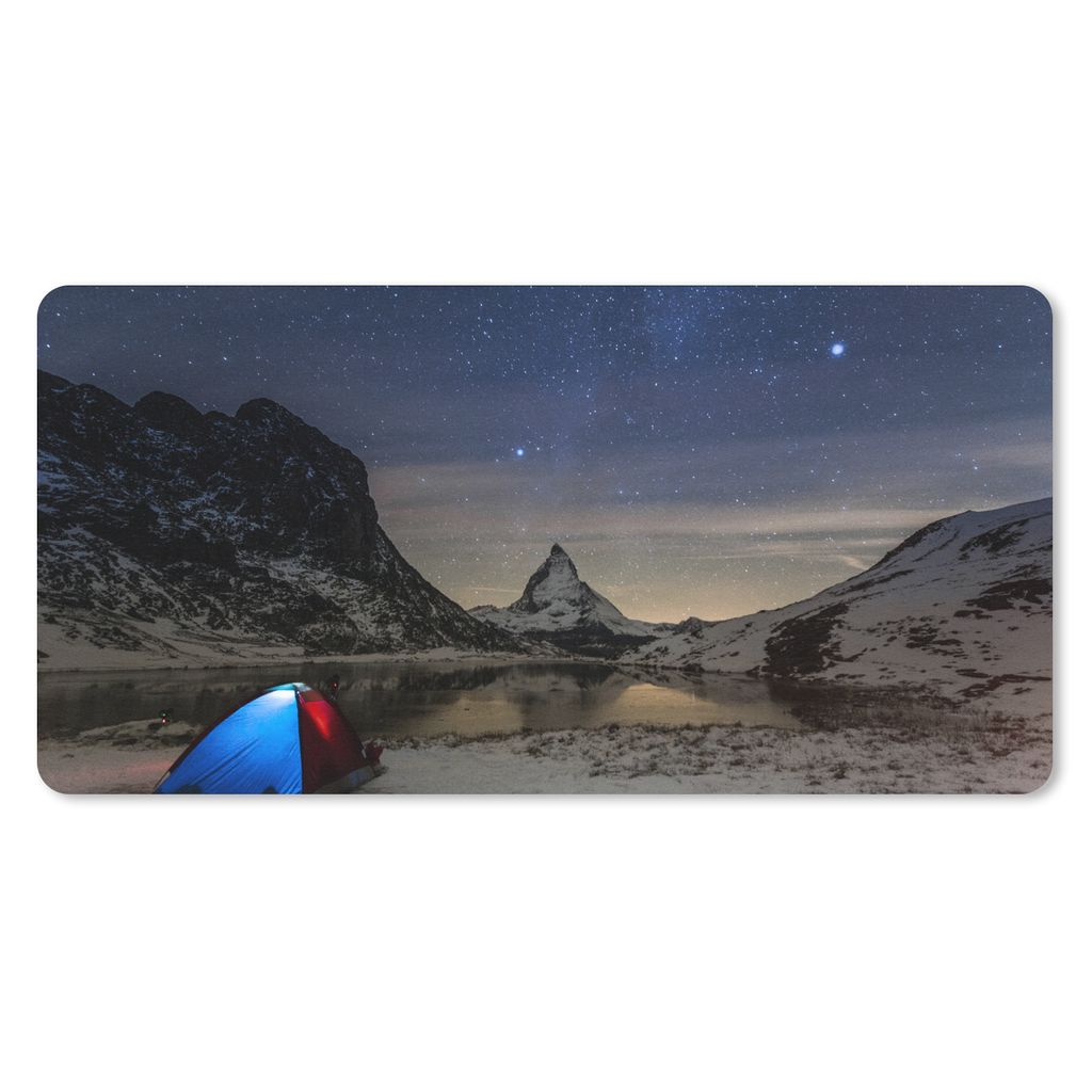 MuchoWow Schreibtischunterlage Alpen - Sternenhimmel - Zelt 80x40 cm - XXL Mauspad - Gaming Mauspad