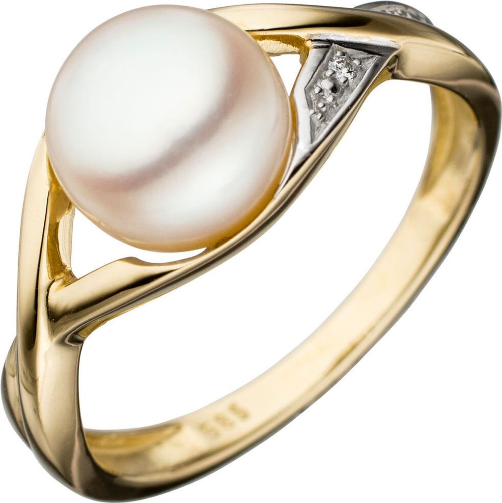 Ring Damenring mit Perle Süßwasser Zuchtperle weiß 585 Gold Gelbgold bicolor Innenumfang 52mm Ø16.6mm