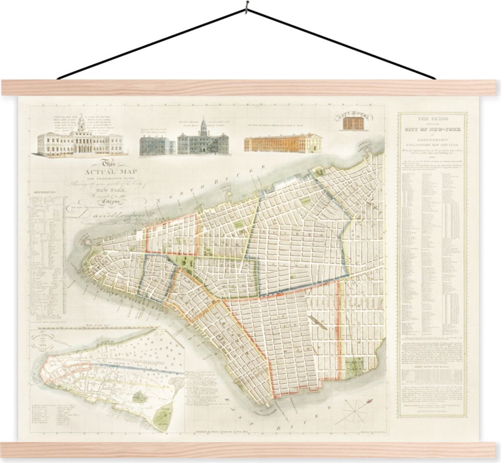 MuchoWow Textilposter Karte - New York - Jahrgang 40x30 cm mit holzfarbenen Rahmen - Bilder
