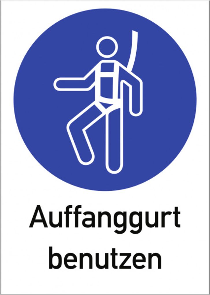 Gebotszeichen 'Auffanggurt benutzen' (M018), Kombischild mit Text gem ASR A1.... Aufkleber Folie 13,1x18,5cm 1 Stück