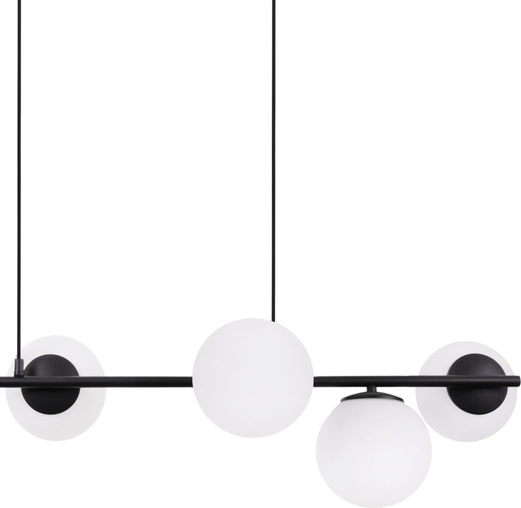 A modern black pendant light with six frosted white globe shades.