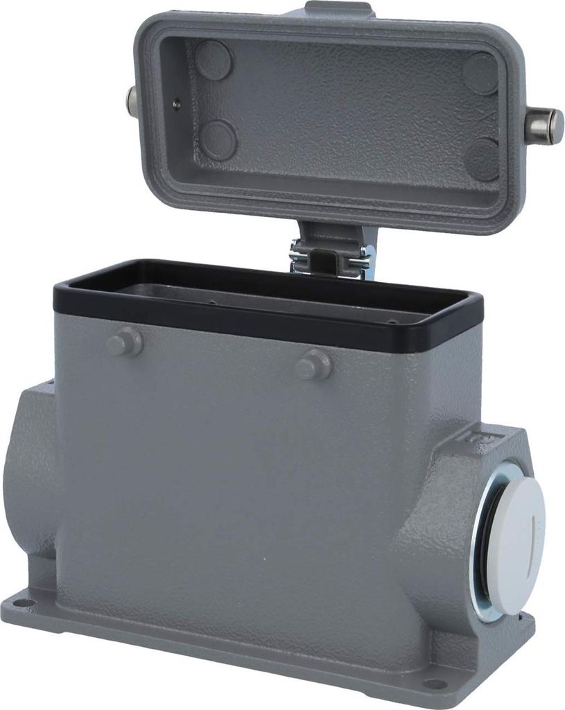 HARTING Han 16B Sockelgehäuse hoch, 1xM25 seitlicher Kabelabgang, für 2 Bügel (am Oberteil) mit Schutzkappe Metall - 1