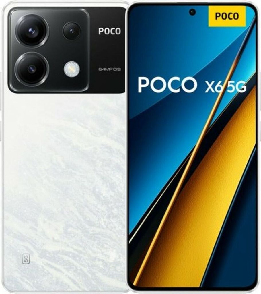 A marketing image of a white Xiaomi Poco X6 5G smartphone, showing both the front and back of the device.