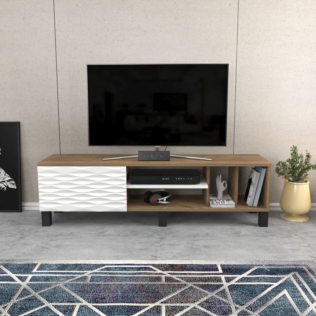Skye Decor, Olyo - Walnut, White, Fernsehtisch, Nussbaum, 100 % MELAMINBESCHICHTETE SPANPLATTEN, 140 x 35 x 40,3 cm