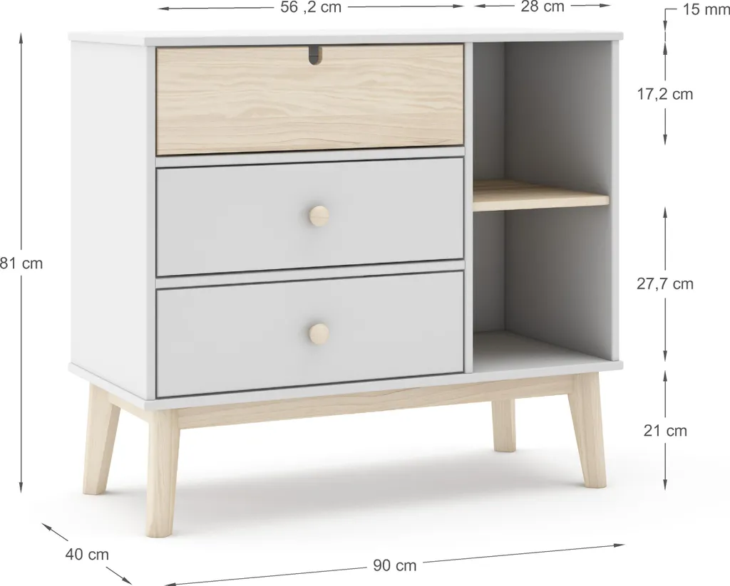 Commode de Rangement L90 cm Estefania avec 3 Tiroirs et Niches Ouvertes