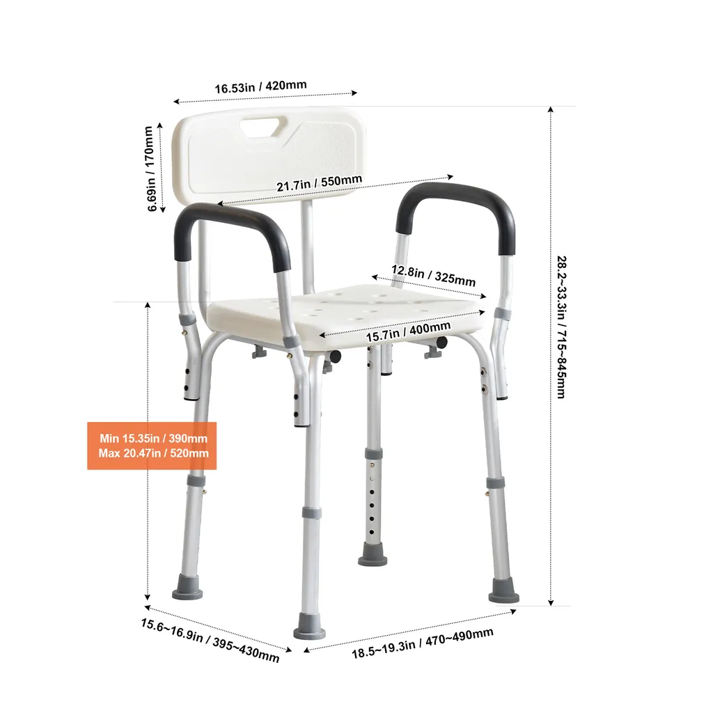 VEVOR sgabello da doccia sedia da doccia 390-520 mm regolabile in altezza, sgabello da bagno sedile da bagno 158,8 kg capacità di carico, stabile sgabello da doccia ausilio da bagno maniglione in lega di alluminio, sedile da doccia bianco - 8