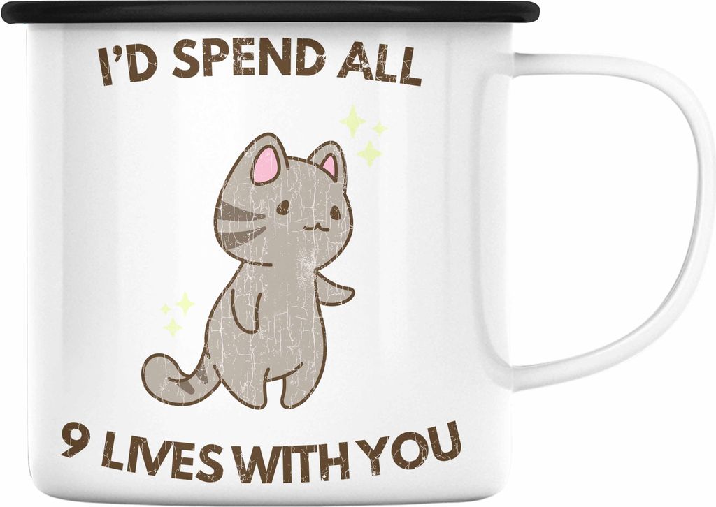 Trendation - Valentinstag Emaille Tasse Geschenk für Ihn Sie Lustig Katzenliebhaber Geschenkidee Becher Freund Freundin Liebe Paare (Schwarz)