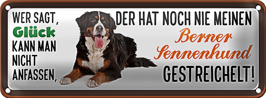 Blechschild Spruch 27x10cm Berner Sennenhund gestreichelt Glück