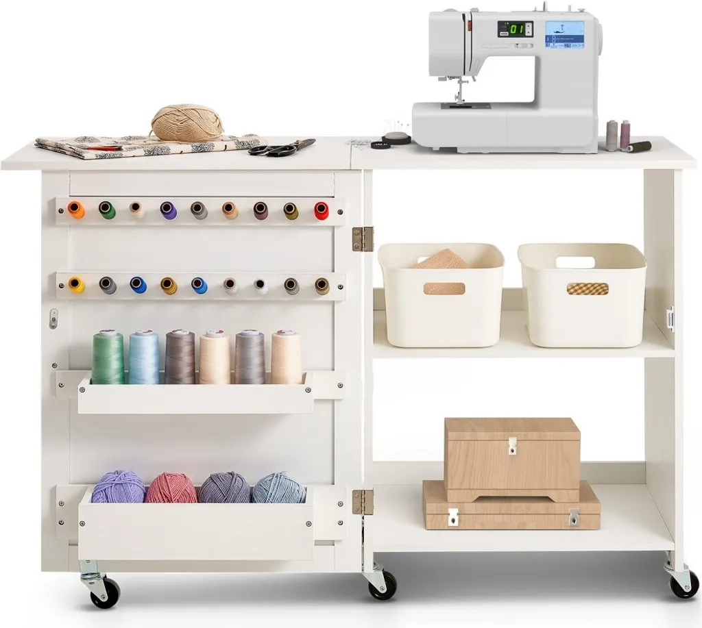 Table de couture blanche modulable sur roulettes avec rangements variés - 9