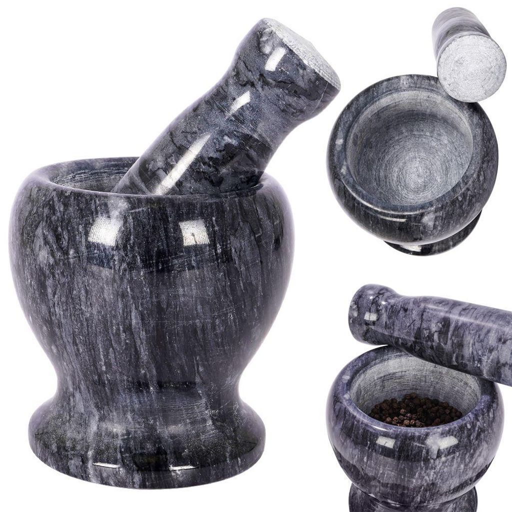 A collage of a granite mortar and pestle set, showing different angles and one with peppercorns.