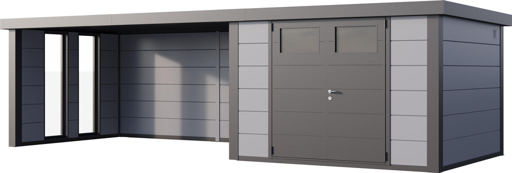 Telluria Metallgerätehaus Classico 3030 mit Lounge Anbau (ca. 450 cm Breite) inkl. 2 Fenstern lichtgrau Lounge-Anbau links