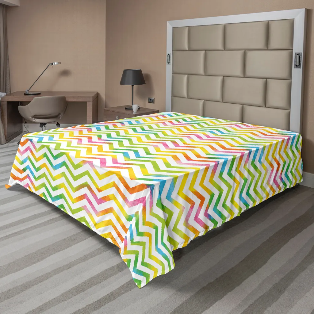 ABAKUHAUS Lenzuolo angolare, disegno geometrico colorato a zig zag, caratteristiche antimacchia, grafica moderna militare, lenzuolo morbido e confortevole per un letto decorativo, 1 pezzo, 266 cm x 260 cm, multicolore